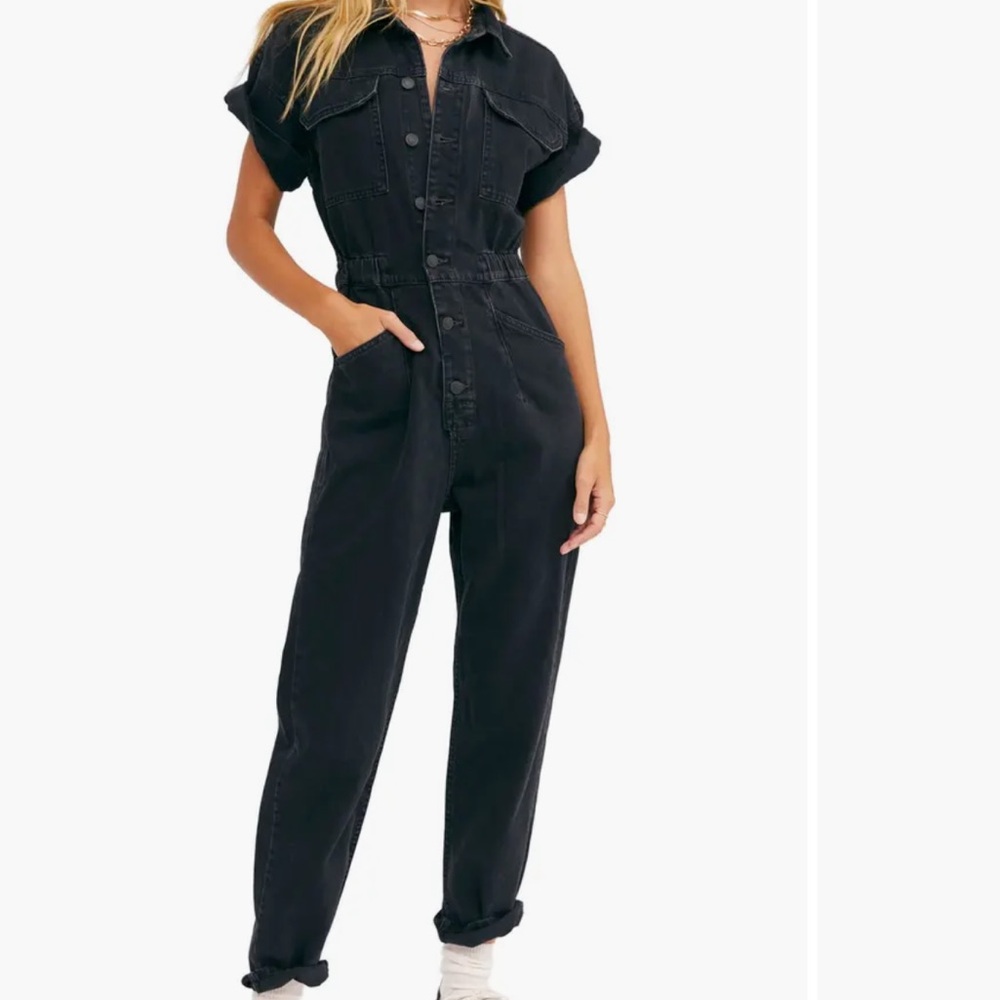 Free People Marci Denim Jumpsuit in Black Size S